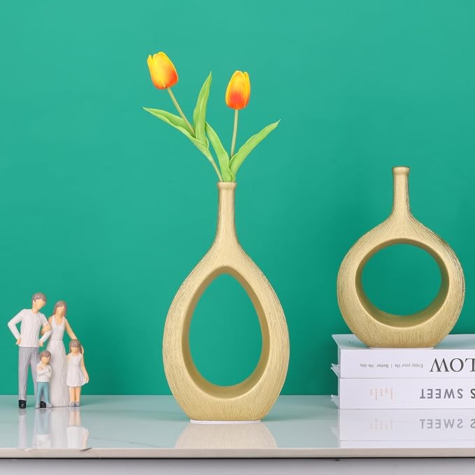 LCCCK Matte Gold Ceramic Vase Set of 2 - Ribbed Hollow Aesthetic Decorative Vase, Modern Farmhouse Table Centerpiece, Boho Gold Vases for Flower Decor and Home Living
