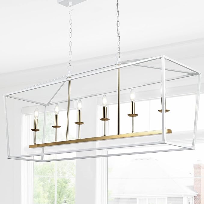 JONATHAN Y JYL7439E Pagoda 49" 6 Light Linear Classic Traditional Metal LED Pendant Farmhouse Dining Room Living Room Kitchen Foyer Bedroom Hallway, 49 in, White/Brass Gold