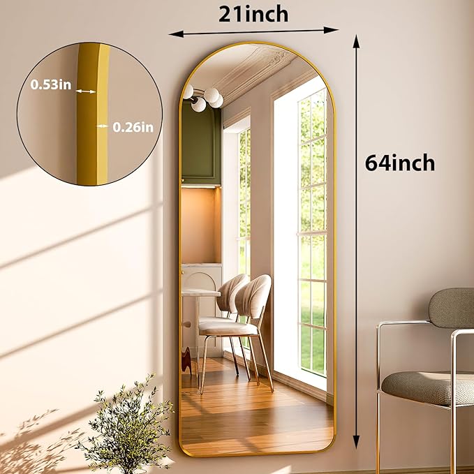 Modern Arched Full-Length Mirror, 64"x21" Arched Floor Mirror with Stand, Wall-Mounted Mirror for Bathroom, Dressing Room - Hanging or Leaning - Full Body Mirror for Bedroom, Gold