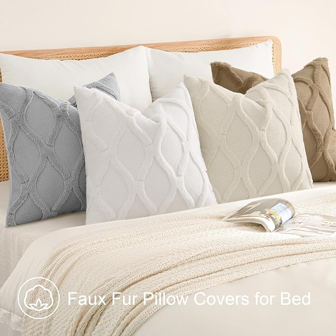decorUhome Set of 4 Throw Pillow Covers 16x16 Inch, Neutral Decorative Soft Plush Faux Wool Couch Pillow Covers, Farmhouse Pillow Cases for Living Room Bed Sofa (Cream/Khaki)