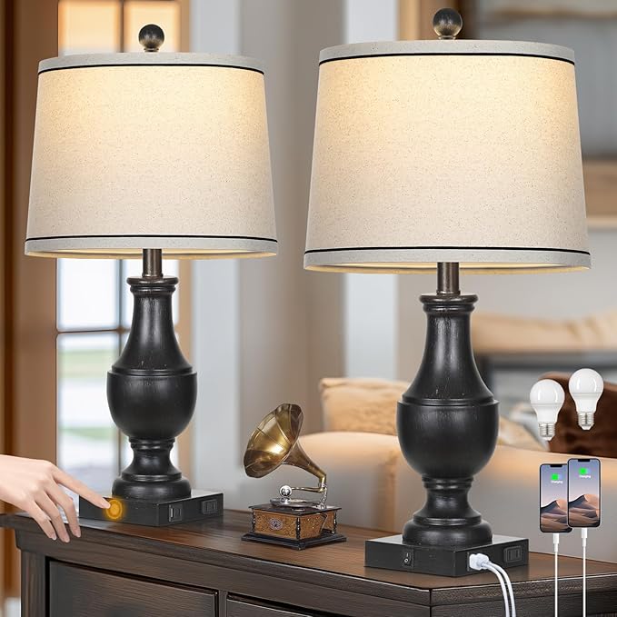 Table Lamps for Living Room Set of 2, Farmhouse Vintage Table Lamp with USB A+C Charging Ports & AC Outlet, 25" Black Rustic Traditional Lamps for Bedroom Nightstand Desk(2 LED Bulbs Included)