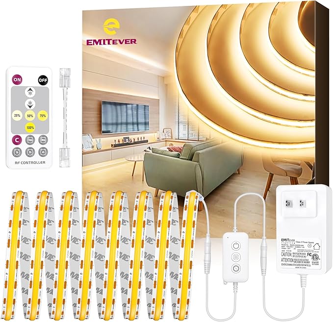EMITEVER COB LED Strip Lights Kit Warm White with Remote & 24V Power Supply,16.4ft Dimmable Tape Light 3000K, High Density 2400LEDs, 305+LM/FT, CRI90+, Suitable for Bedroom Kitchen Cabinet Lighting
