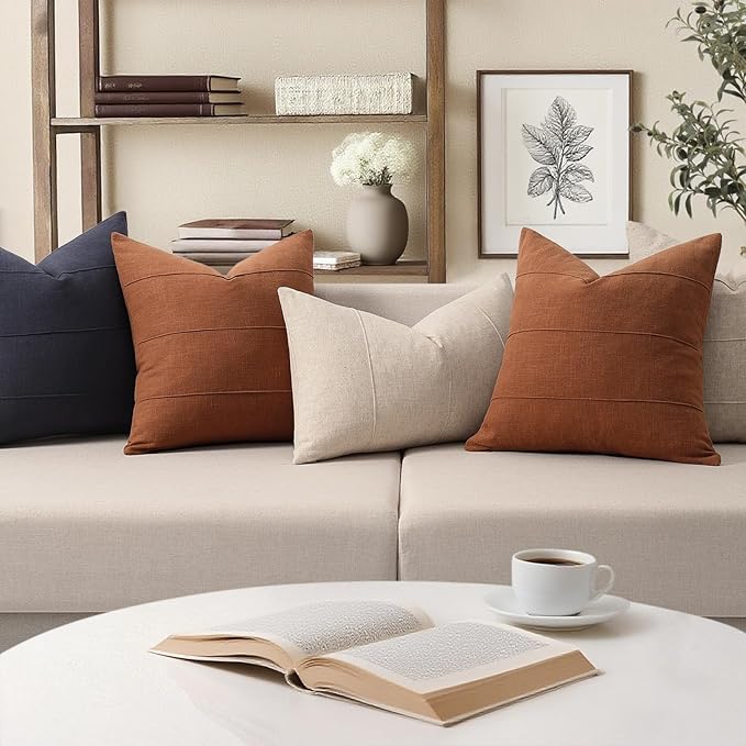 Decorative Linen Throw Fall Pillow Covers 20x20 Set of 2 Solid handcrafted Striped Cushion Covers for Bed Soft Modern Farmhouse Neutral Pillowcase for Couch Bedroom Living Room Home Fall Decor(Rust)