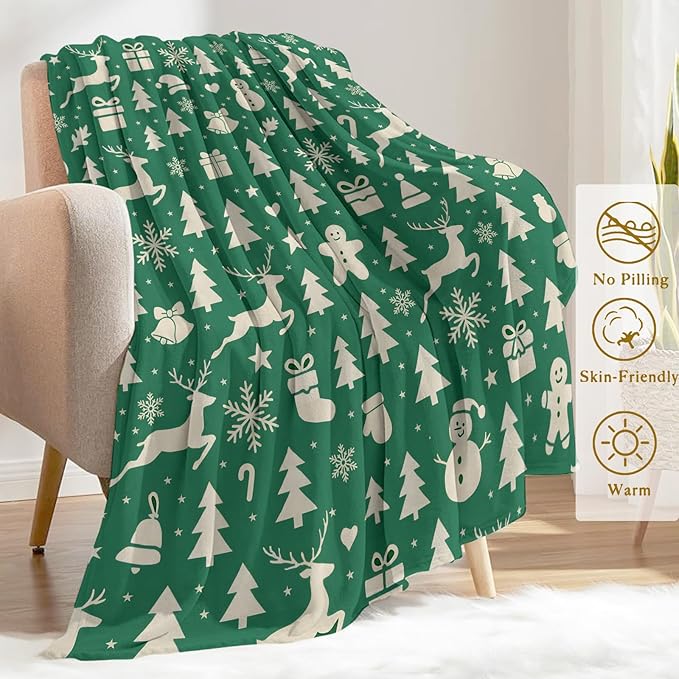 Christmas Decorative Blanket, Reindeer Tree Snowman Bell Print Throw Decoration, Soft Flannel Winter Blankets for Couch Bed Sofa, Holiday Home Decor, Xmas Festival Gifts Green 60x80 Inch