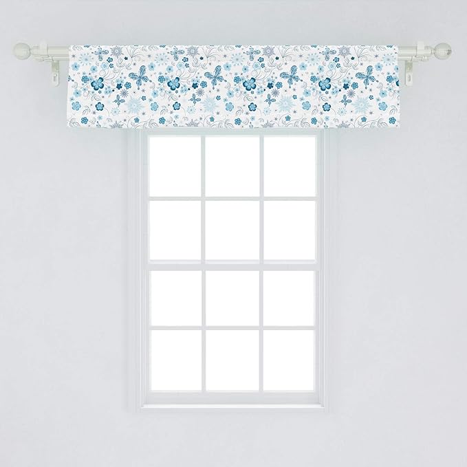 Lunarable Flower Window Valance, Snowflakes Flowers and Butterflies Christmas Snowy Wintertime Stylization, Curtain Valance for Kitchen Bedroom Decor with Rod Pocket, 54" X 12", White and Black