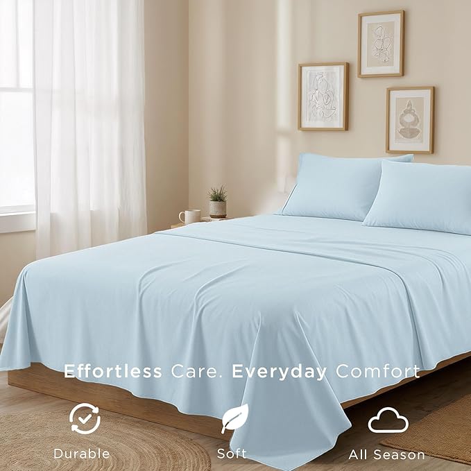 Threadmill Full Size Sheet Set | 100% Cotton Sheets | Solid Sateen Full Bed Sheets Set with 16' Elasticized Deep Pocket | Soft Breathable 4-Piece Cooling Sheet Set | Light Blue