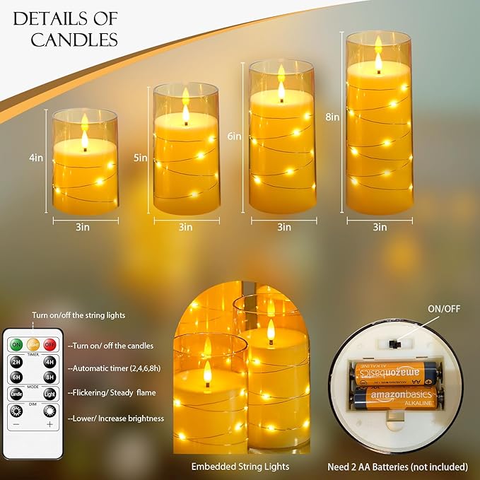 Lezonic 6Pcs Flameless LED Candles with Remote Timer, Acrylic Battery Operated Candles Flickering with Embedded String Lights, for Wedding Centerpiece, 3 x 456688 inches(Gold)