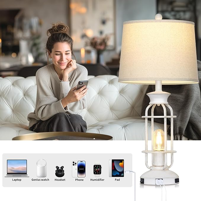 28" Vintage Table Lamps with USB C+A Ports & Outlet, Industrial Farmhouse Table Lamp for Living Room, Rustic Mid Century Modern Bedside Lamps with Nightlight & Beige Fabric Lampshade, Oil-Rubbed White