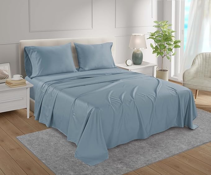 100% Egyptian Cotton Sheets For King Size Bed, 800 Thread Count Deep Pocket King Sheet Set, Elasticated Sheet & Pillowcase Sets, No Pill & Shrink, Soft & Comfy Naturally Cool & Breathable- French Blue