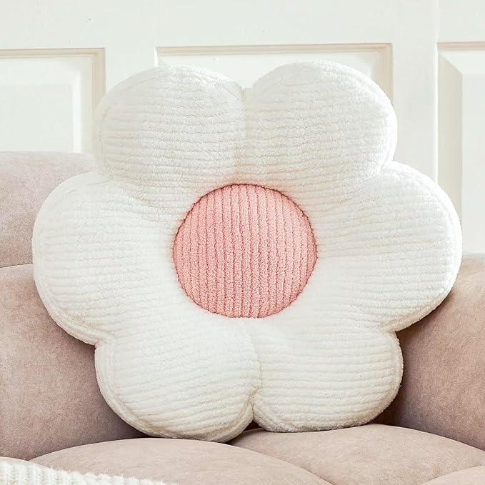 Flower Pillow, Cute Daisy Decorative Pillow for Bed, Soft Home Decor Floor Seating Cushion (White, 19.6 Inches)