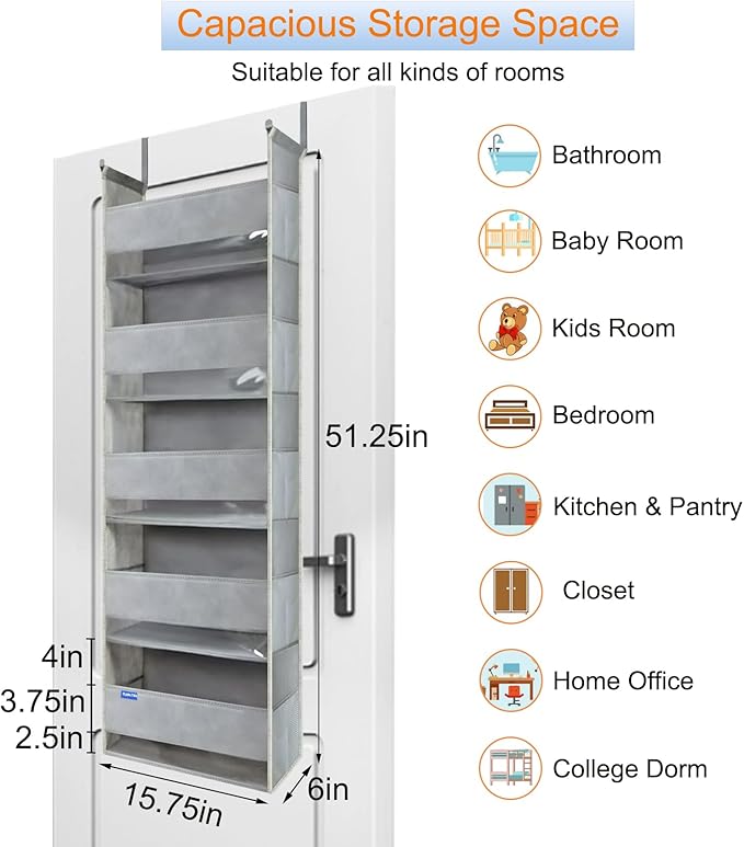 Extra Large Over The Door Organizer Storage 5-Shelves and 10 Side Pockets, Heavy Duty Hanging Door Organizer for Closet Bathroom Bedroom Nursery Pantry, Grey