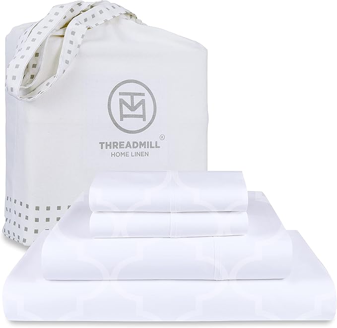 Threadmill 100% Cotton Sheets for King Size Bed | 4 Pc King Bed Sheets Set | Soft, Breathable Lightweight Damask Sateen for All-Season Use | Snug Fit Elastic Deep Pocket King Sheets | White