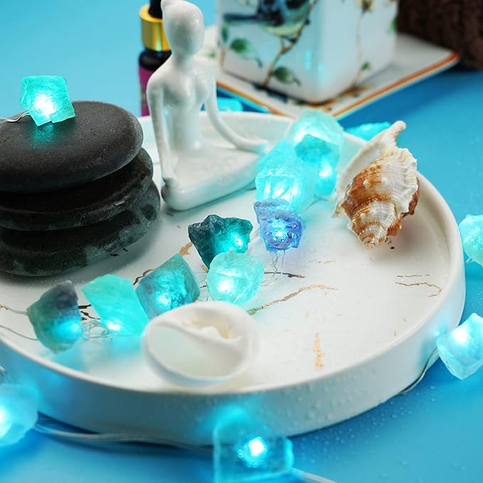 BOHON Natural Fluorite String Lights Battery Operated with Remote Sea Glass Raw Stones Decorative Lights 6.5ft 20 LEDs String Lights for Bedroom Party Indoor Christmas Wedding Decor