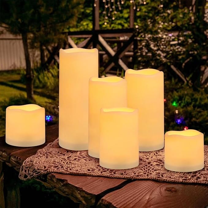 Flameless Battery Operated Outdoor Waterproof Set of 12(D: 3" x H: 3" 4" 5" 6") Pillar LED Candles with 10-Key Remote and Cycling 24 Hours Timer