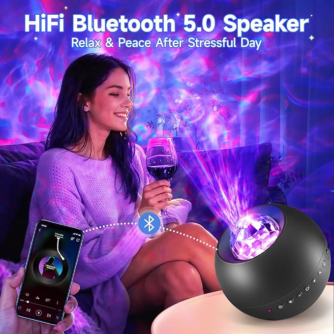 COOLNIGHT Galaxy Light Projector, 210 Light Effects Ceiling Projector with 15 White Noise, HiFi Bluetooth Galaxy Projector for Bedroom, Remote & Timer –Galaxy Projector Lights for Bedroom Adults