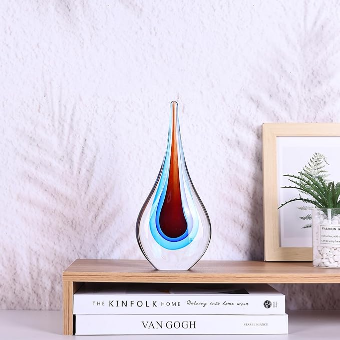 DOVDOV Blown Glass Sculpture, Blue and Brown Glass Art Teardrop Statue, Unique Ocean Theme Decoration for Office, Bookshelf, Dresser, Living Room Coffee Table, Fireplace countertop Decoration.