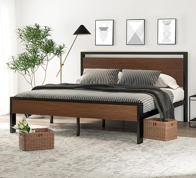 SHA CERLIN 14 Inch King Size Metal Platform Bed Frame with Wooden Headboard and Footboard, Mattress Foundation, No Box Spring Needed, Large Under Bed Storage, Walnut