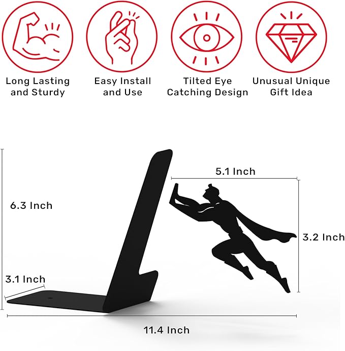Artori Design Book Ends to Hold Books Heavy Duty - Hidden Metal Bookends for Shelves Desk or countertop - Bookend Book Holder for Home Decorative - Gift for Book Lovers and Home Décor (Book&Hero)
