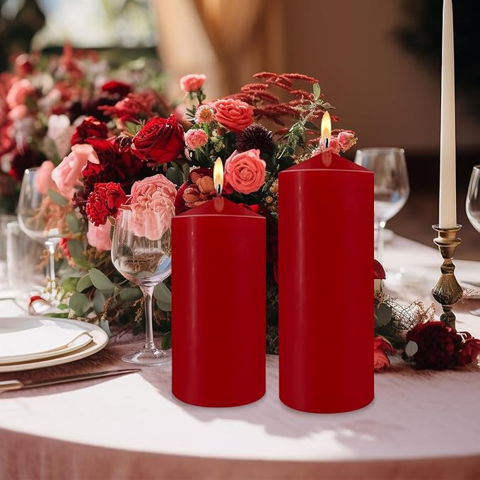 Hand Poured Pillar Candles Set of 2, 3x8 inches Emergency Large Red Candle, Smokeless Dripless Unscented and Non-Toxic Candles, Home Wedding Decor Candles