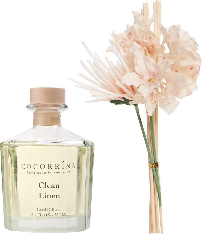 COCORRÍNA Reed Diffuser - Clean Linen 8.5oz Flower Reed Diffuser Set with 8 Sticks, Home Fragrance Reed Diffuser for Home Bedroom Office Bathroom Shelf Decor (Master Collection)