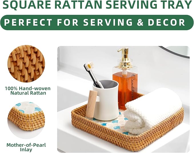 Rattan Tray with Mother of Pearl Inlay, Boho Coffee Table Decor, Decorative Serving Tray, Farmhouse Gift for Living Room & Bathroom