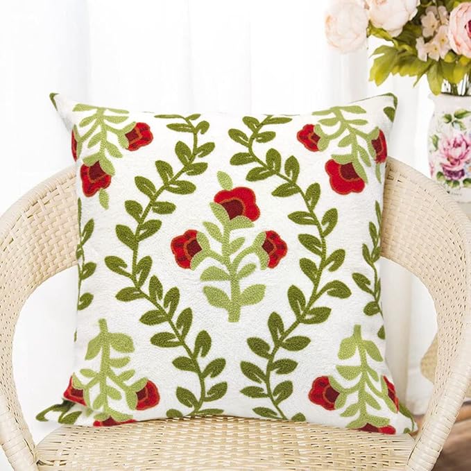 Alysheer Floral Embroidered Summer Decorative Throw Pillow Cover 18"x 18", Farmhouse Cottage Red Flowers Green Leaves Knit Pattern Cotton Canvas Cushion Case for Sofa Couch Bed Living Room Decor