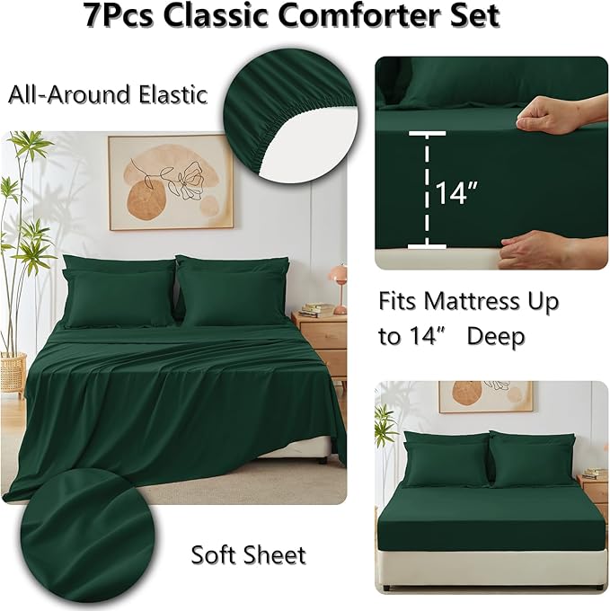 CozyLux California King Comforter Set Emerald Green - Cal King Bed in a Bag 7 Pieces, Luxury Soft Bed Set for All Seasons, Bedding Set with Down Alternative Comforter, Sheets, Pillowcases & Shams