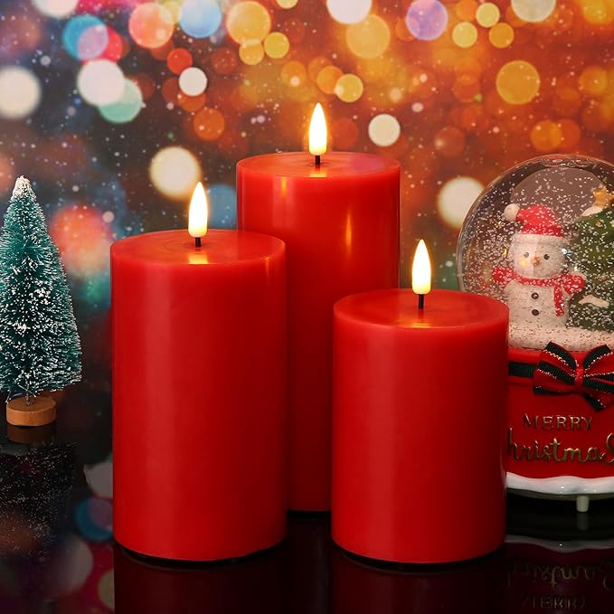 Eywamage Red Flameless Pillar Candles with Remote, Flickering Battery Operated LED Wax Candles Set of 3