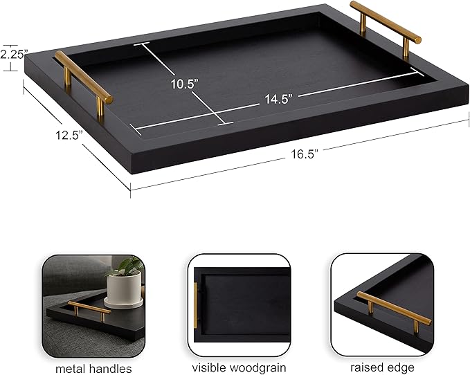 Kate and Laurel Halsey Rectangle Decorative Wooden Tray with Polished Metal Handles, 17 x 13, Black and Gold, Modern Glam Wood Rectangular Serving Tray for Display or Decoration