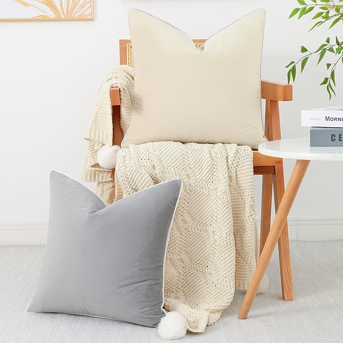 Mecatny Set of 4 Velvet Throw Pillow Covers 20x20, Soft Neutral Accent Decorative Couch Pillow Covers for Sofa Bedroom Living Room, Grey/Beige