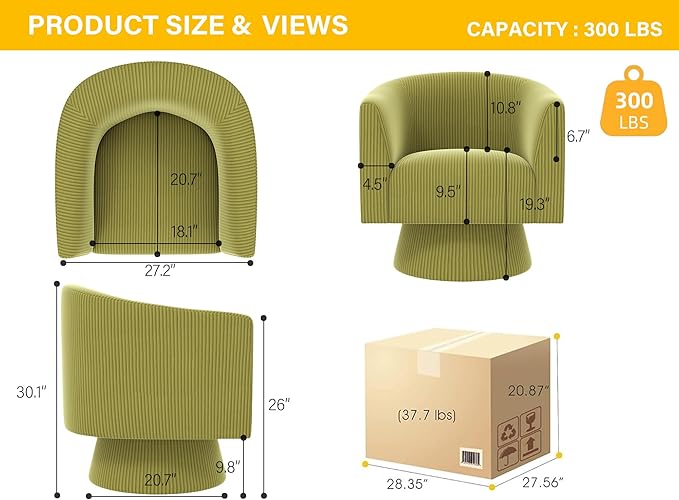 Swivel Accent Chair, Modern 360° Barrel Chair, Corduroy Upholstered Single Sofa for Living Room, Bedroom(Green)