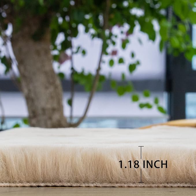 Beige Plush Faux Rabbit Shaggy Fur Rug for Living Room Large Fluffy Washable Runner Area Rugs for Bedroom 2x8 Runner Nursery Rug