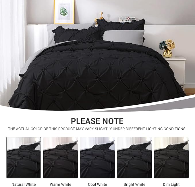 JOLLYVOGUE Black/Gray Bed in a Bag Comforter Set for Bedroom, Pintuck Full Size Comforter Sets 7 Pieces, Bedding Comforter Sets with Comforter, Sheets,Ruffled Shams & Pillowcases