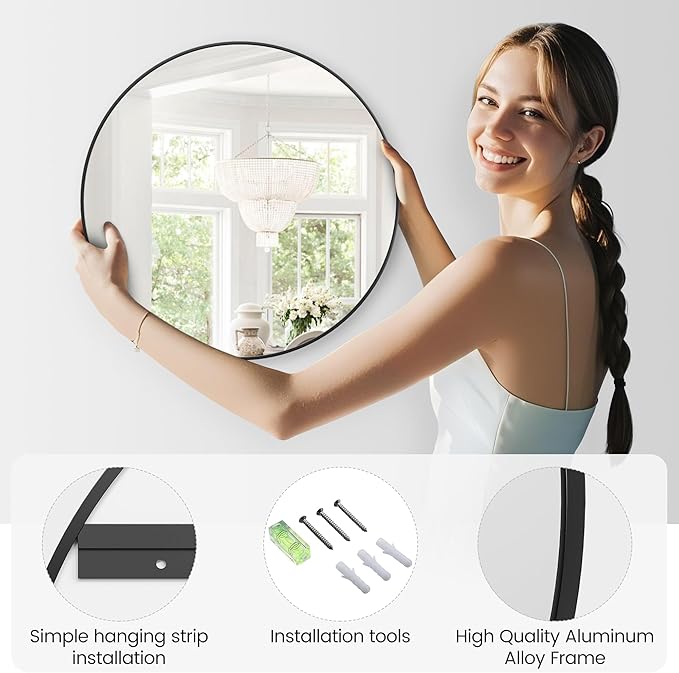 IDEALHOUSE 30Inch Black Round Wall Mirror, Circle Mirror Metal Frame for Bathroom, Vanity, Entryway, Bedroom, Living Room, Wall Mounted Modern Rustic Decor