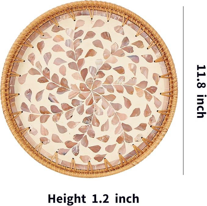 Round Rattan Tray with Mother of Pearl Inlay, Rattan Serving Tray with Wooden Base, Decorative Wicker Basket for Table Decor, Storage and Display of Coffee Bread Food Fruit (Wicker)