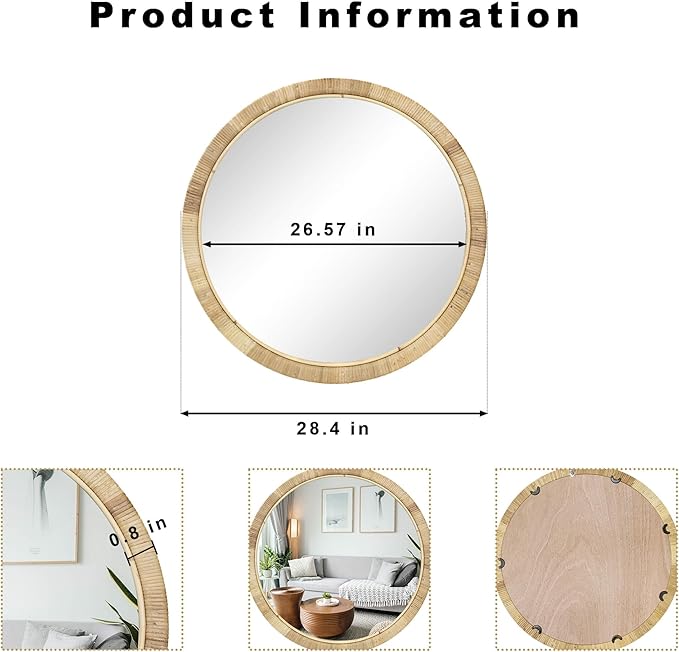 Rattan Round Wall Mirror, 28in Rattan Mirror for Wall, Rattan Frame Boho Mirror for Farmhouse Bedroom Checkroom Livingroom Decor (Natural Rattan)