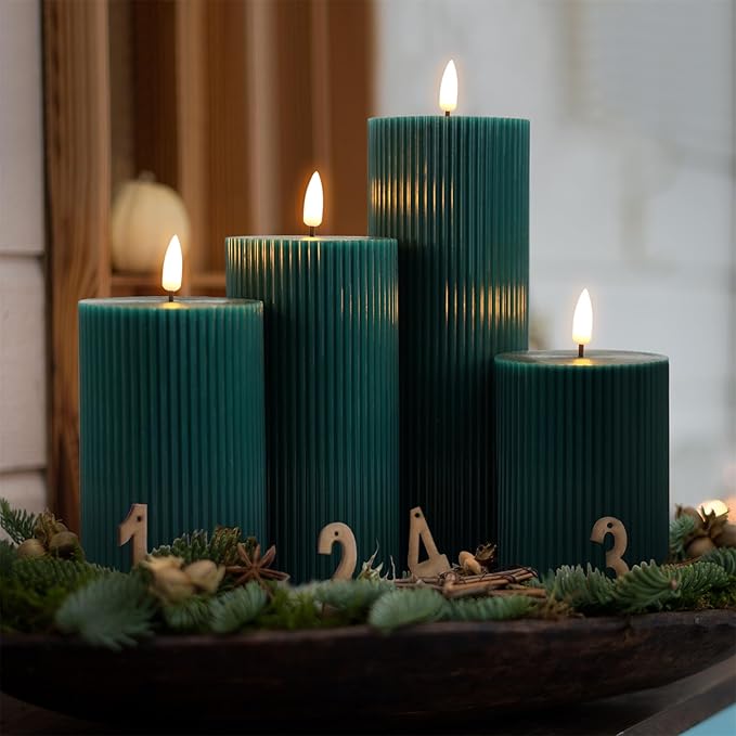 Teal Ribbed Flameless Pillar Candles with Remote, Flat Top Flickering LED Wax Battery Candles Set of 4, Φ 3" H 4" 5" 6" 8"