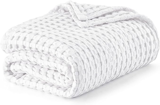 Bedsure Cooling Cotton Waffle Full Size Blanket - Lightweight Breathable Blanket of Rayon Derived from Bamboo for Hot Sleepers, Luxury Throws for Bed, Couch and Sofa, White, 80x90 Inches
