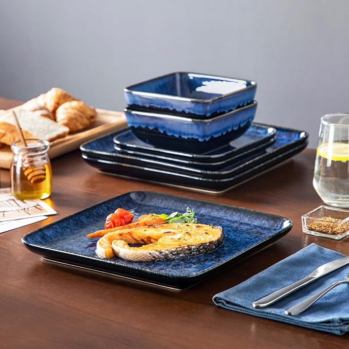 vancasso Stern Blue Dinner Set Square Reactive Glaze Tableware 12 Pieces Kitchen Dinnerware Stoneware Crockery Set with Dinner Plate, Dessert Plate, Bowl Service for 4
