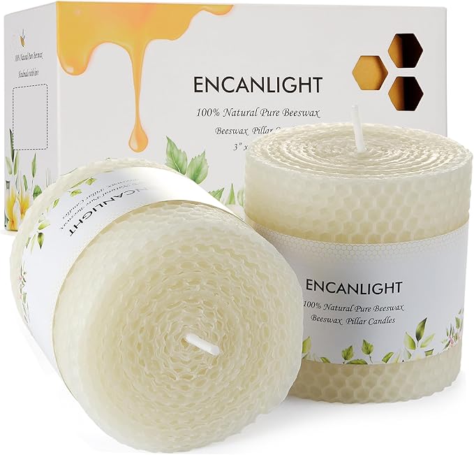 Beeswax Pillar Candles, 3x3 Inch White Hand-Rolled Honeycomb Pillar Candle Set of 2 - Dripless and Smokeless, Approx 9 Hours Hurn for Home Decor, Party, Wedding, Dinner