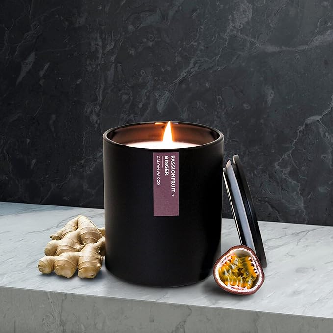 Calyan Wax Co. Soy Wax Candle, Passionfruit + Ginger Scented Candle, 75 Hour Burn Time, Aromatherapy Soy Candles, Non Toxic & Vegan Soy Wax, Black Tumbler Scented Candles, 13oz