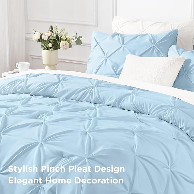 Andency California King Comforter Set Light Blue (104x96Inch), Pinch Pleat Cal King Comforter Set 3 Pieces, Oversized King Pintuck Bed Comforter, Microfiber Down Alternative Comforter Bedding Set