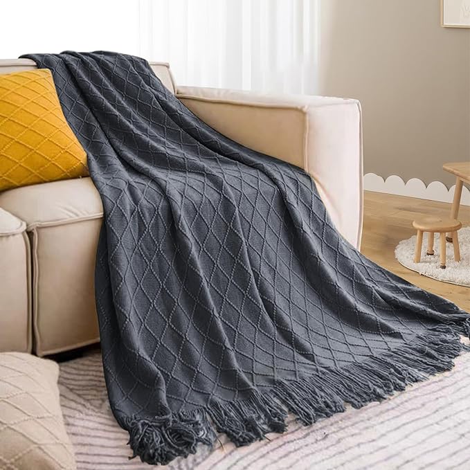 inhand Knit Graphite Grey Throw Blanket for Couch, Soft Living Room Home Decor Knitted Twin Size Blanket, Outdoor Lightweight Breathable Summer Blanket, Farmhouse Warm Woven Decorative, 60"x80"
