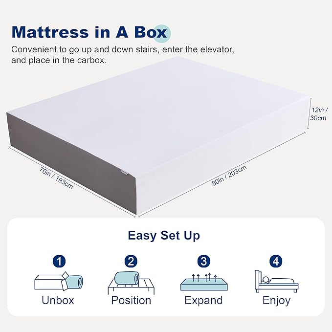 Amazon Basics Memory Foam Mattress, Medium Firm, 12 Inch, King, White/Grey, 80" L x 76" W x 12" Th