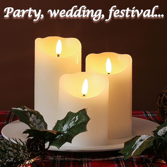 Flameless Candles with Remote, Battery Operated Wax LED Flickering Candles - Set of 3 (White) with Timer for Home Decor, Perfect for Christmas Party White