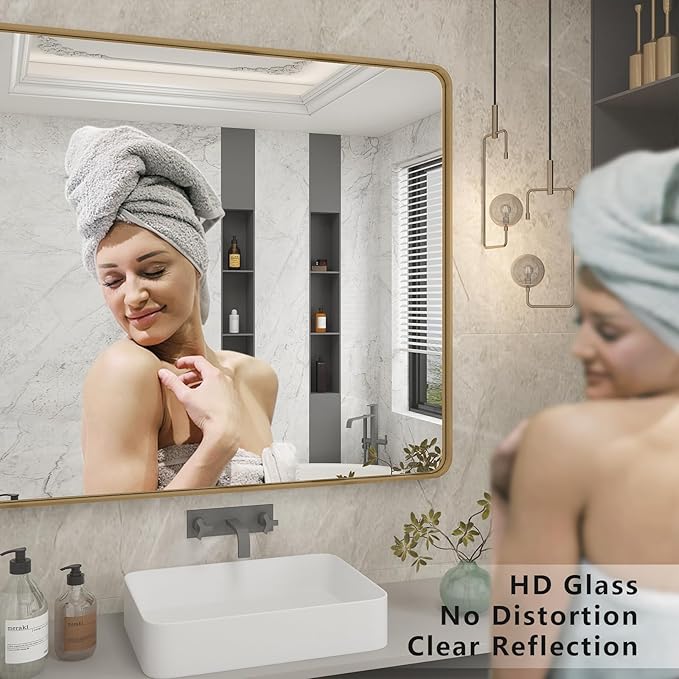 24x30 Gold Bathroom Mirror, Rounded Rectangle Gold Frame Mirror, Brushed Gold Brass Bathroom Vanity Mirror Wall-Mounted, Anti-Rust, Hangs Horizontally or Vertically