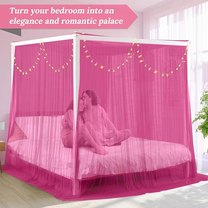 South to East Canopy Bed Curtains, 4 Corner Post Queen Bed Canopy for Girls, Wine Red Bed Drapes for Bedroom, King Canopy Bed Curtain, 100% Ripstop Polyester, Easy Installation, King/Queen Size Rose