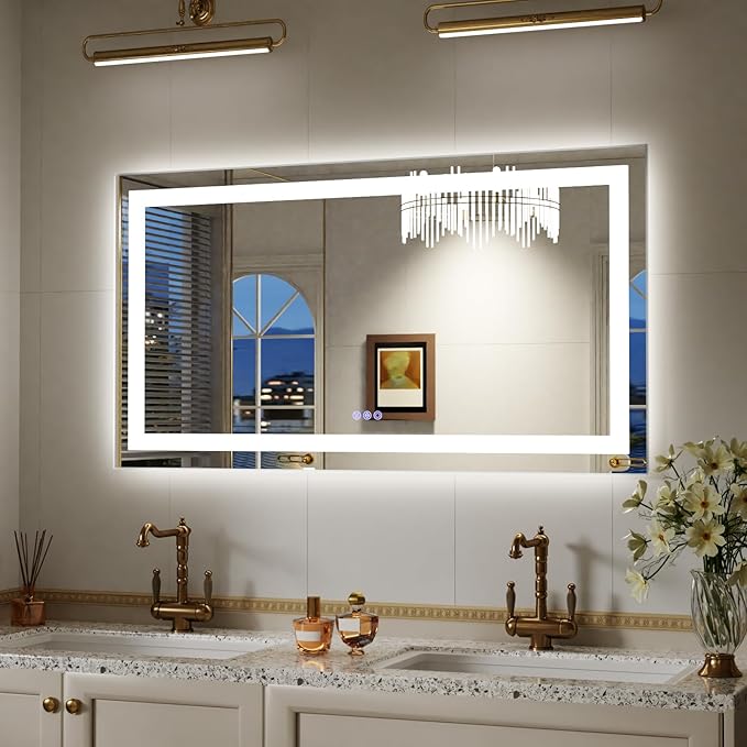 LED Bathroom Mirror with Lights, 55"x 30" Wall Mirrors with Anti-Fog, Dimmable, Backlit + Front Lit, 3 Color Modes, Memory Function Smart Mirror