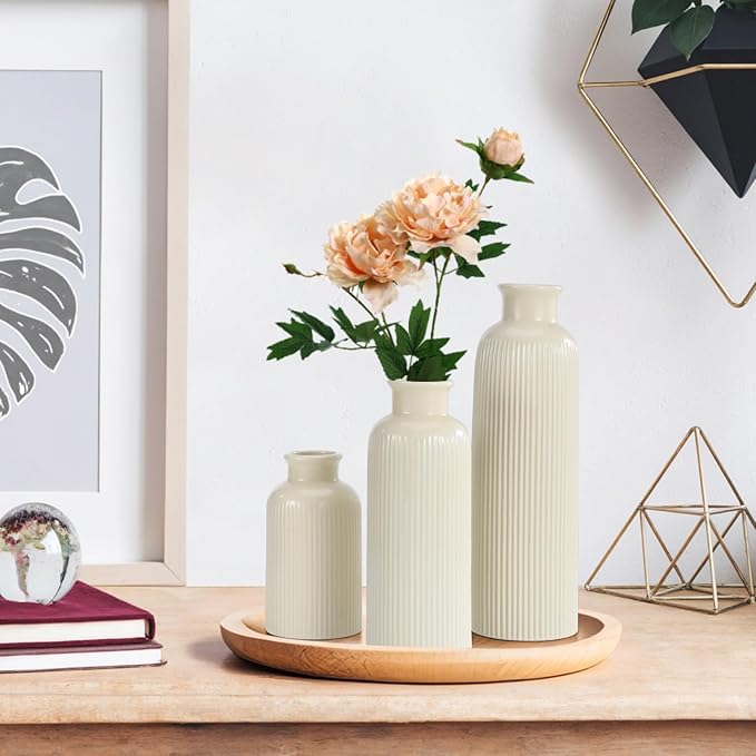 Small Beige Ceramic Vase Set of 3, Boho Modern Beige Flower Vase Room Decor, Farmhouse Decor, Vases for Your Kitchen, Bathroom, Bedroom, Living Room, Office&Shelf Centerpiece Table Decorations