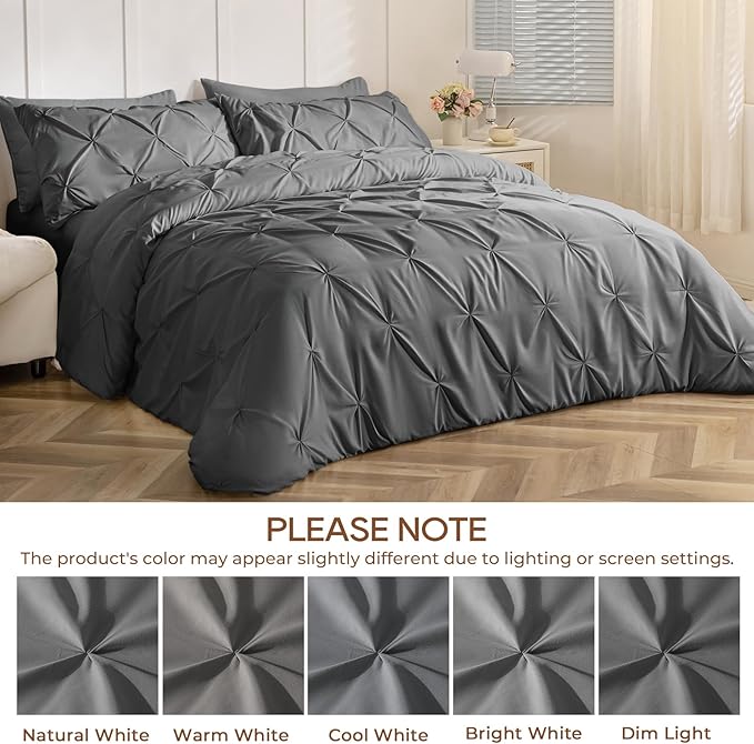 Sasttie California King Comforter Set, 7-Piece Bed in a Bag, Pintuck Bedding Sets for All Season, Includes Comforter, Flat Sheet, Fitted Sheet,Pillowcases and Pillowshams, Dark Grey